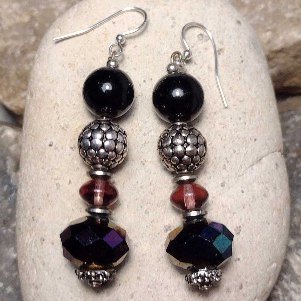 Sterling Silver Vintage Glass Beaded Dangle Earri… - image 4