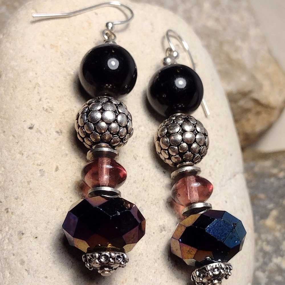 Sterling Silver Vintage Glass Beaded Dangle Earri… - image 7