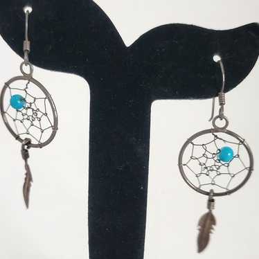 Vintage Handmade Dreamcatcher Dangle Earrings Tur… - image 1