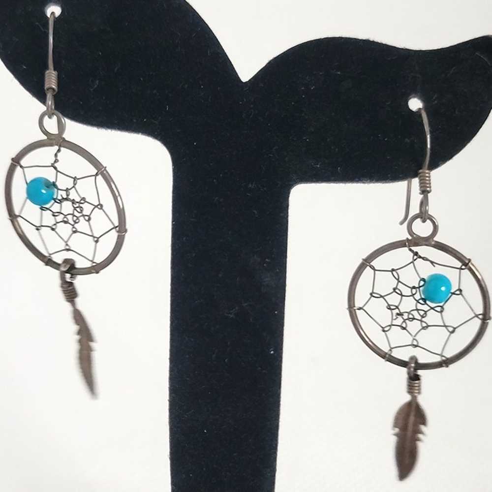 Vintage Handmade Dreamcatcher Dangle Earrings Tur… - image 2