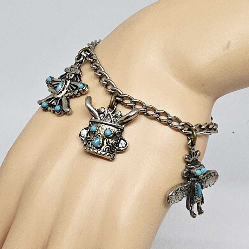 Vintage Southwestern Silver Tone Charm Chain Brac… - image 10