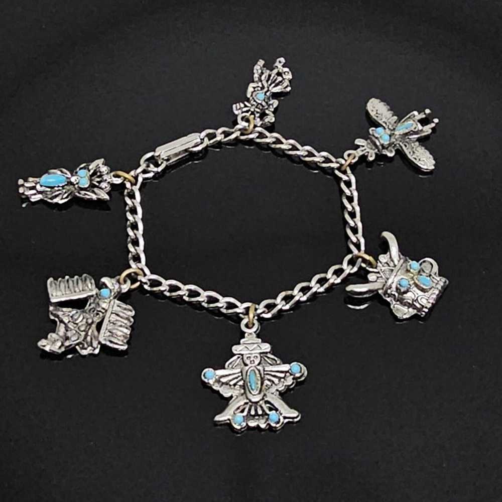 Vintage Southwestern Silver Tone Charm Chain Brac… - image 1