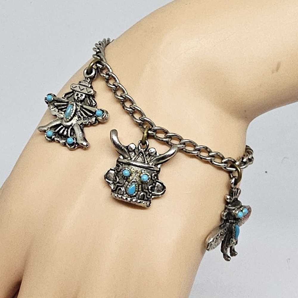 Vintage Southwestern Silver Tone Charm Chain Brac… - image 2