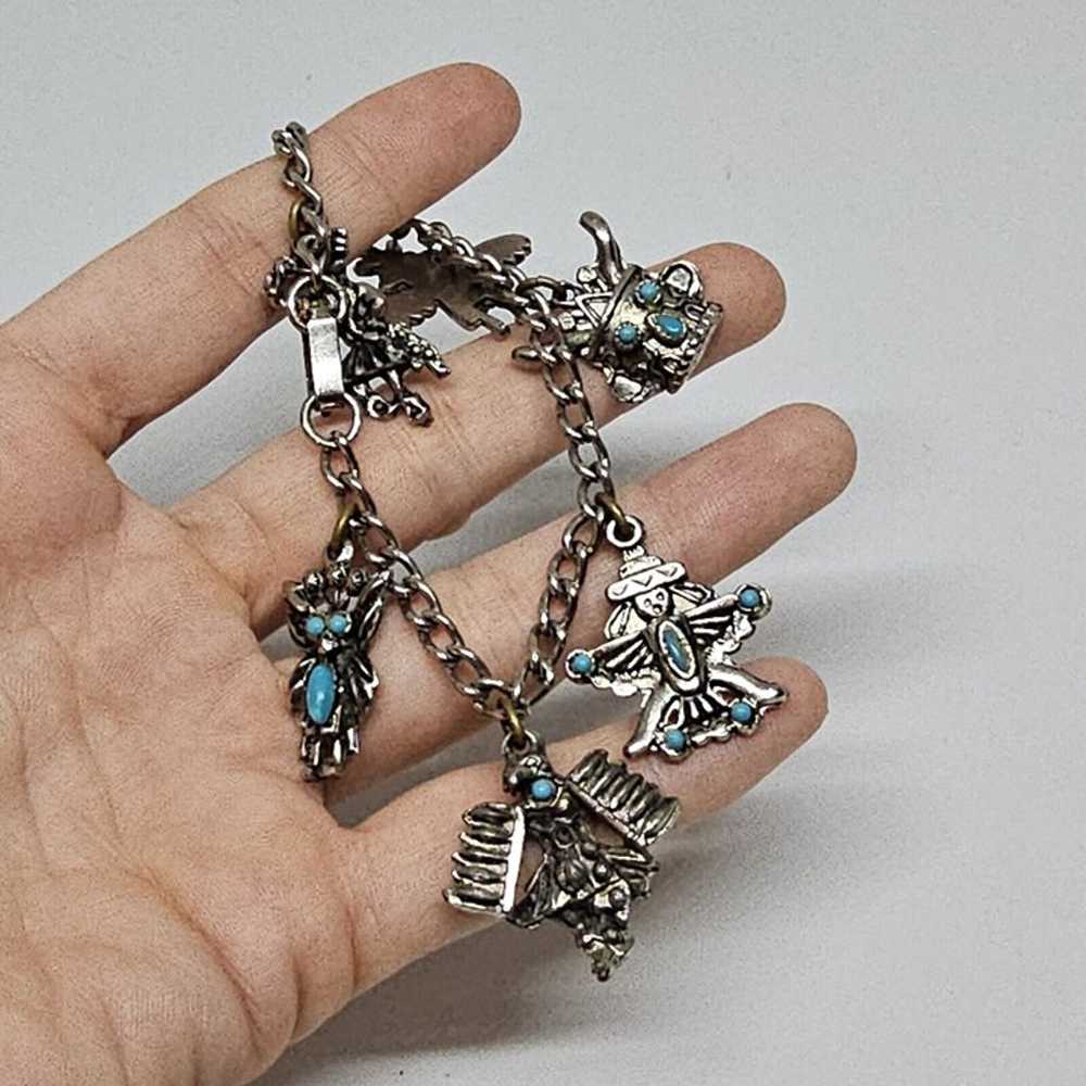 Vintage Southwestern Silver Tone Charm Chain Brac… - image 8