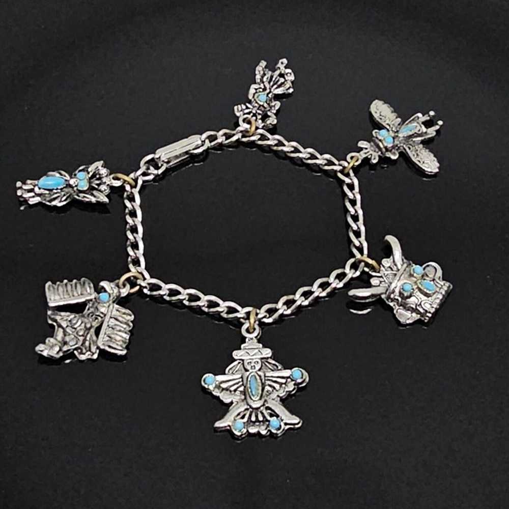 Vintage Southwestern Silver Tone Charm Chain Brac… - image 9