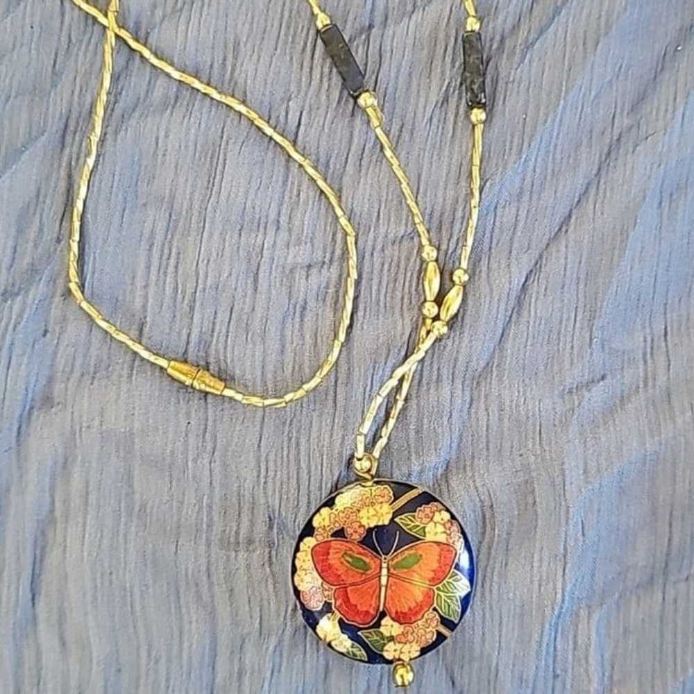 Vintage Floral Butterfly Cloisonne Pendant Gold T… - image 4