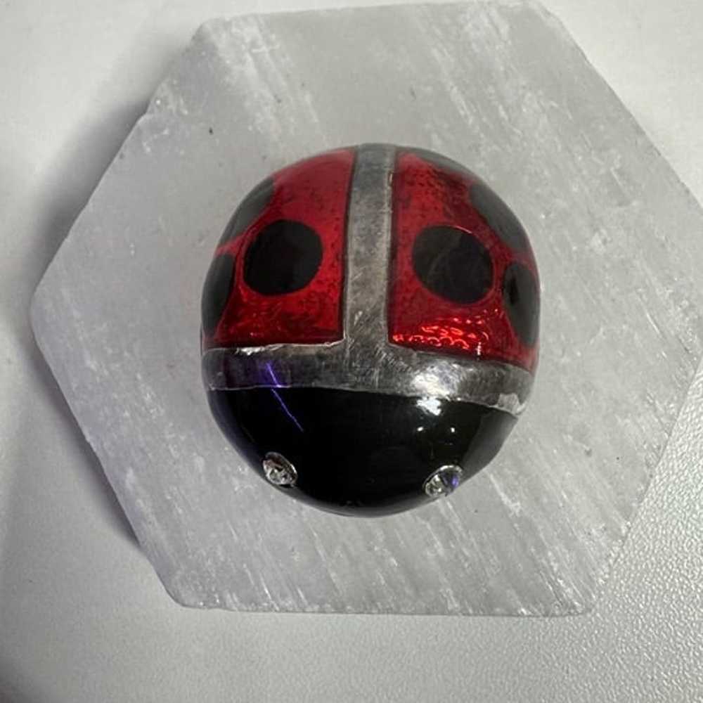 Vintage Ladybug Enamel Pendant Brooch Signed MJ - image 1