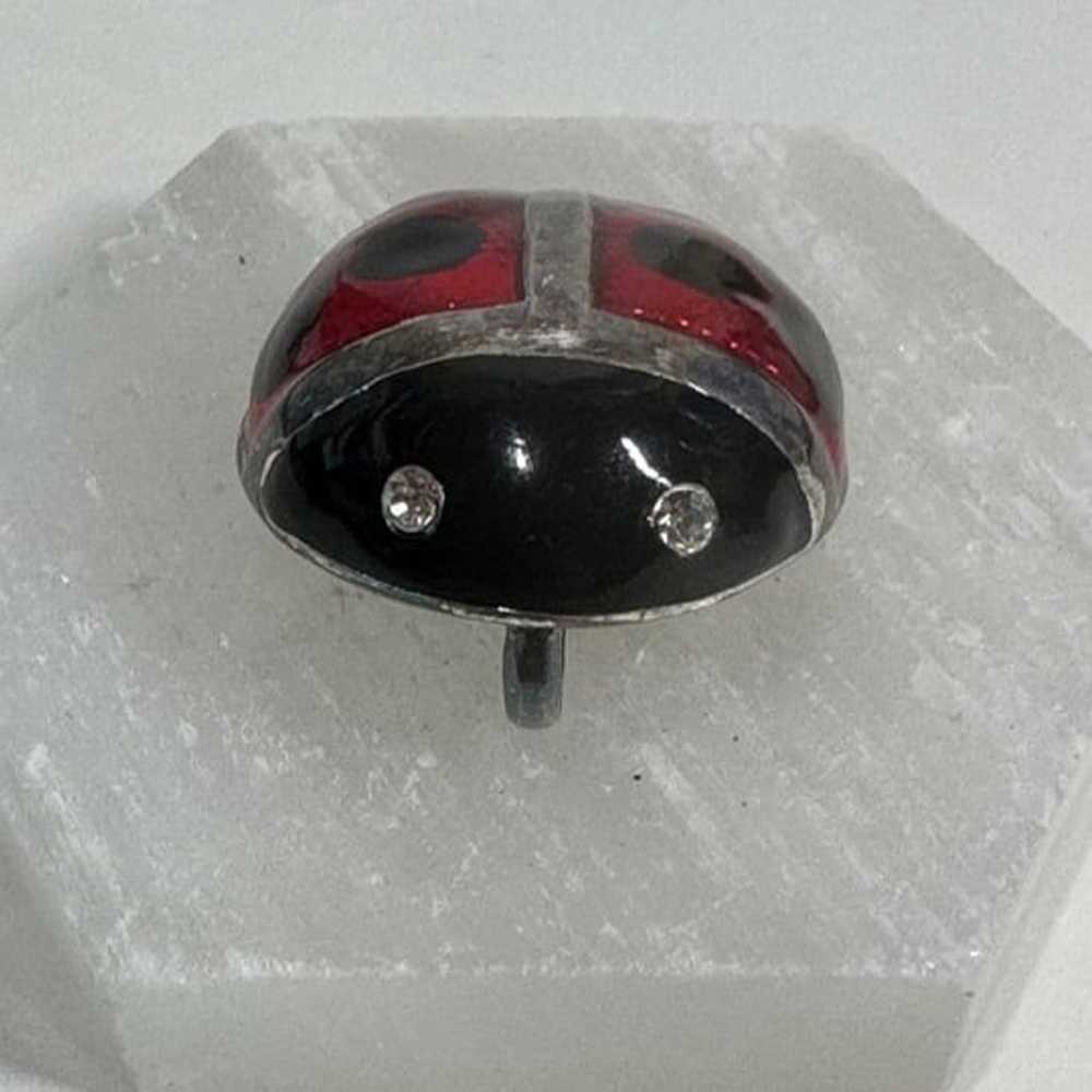 Vintage Ladybug Enamel Pendant Brooch Signed MJ - image 2