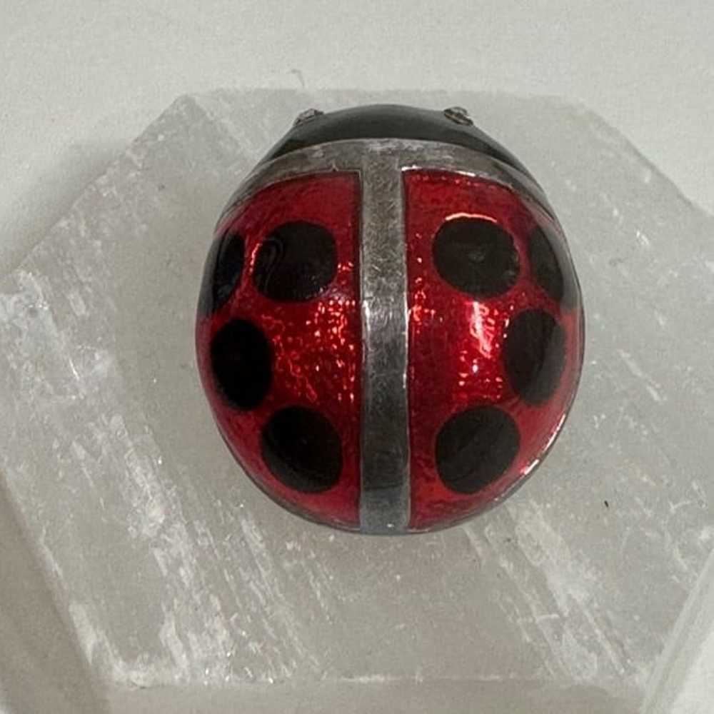 Vintage Ladybug Enamel Pendant Brooch Signed MJ - image 3