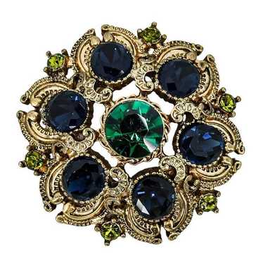 Squire Vintage Brooch 1.75 In Blue Green Rhinesto… - image 1