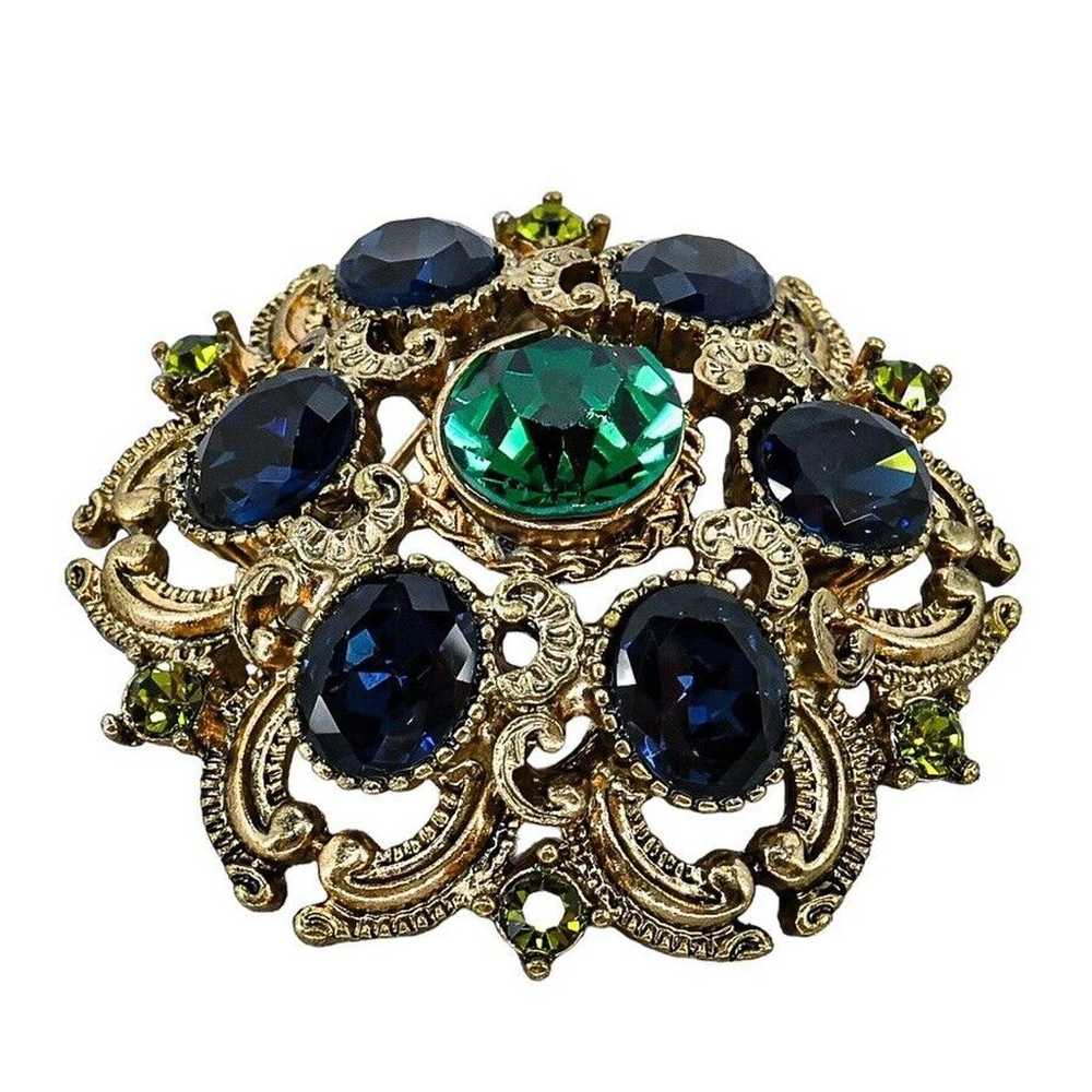 Squire Vintage Brooch 1.75 In Blue Green Rhinesto… - image 2