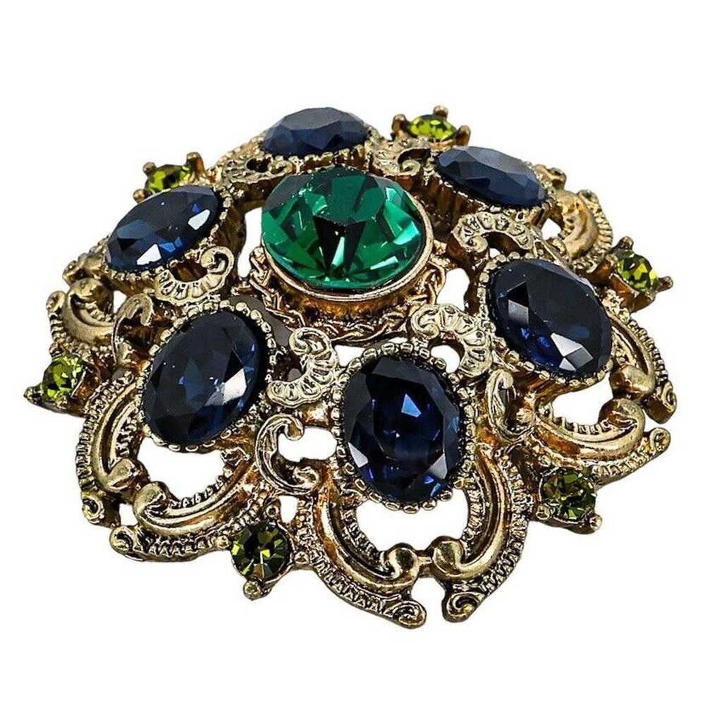 Squire Vintage Brooch 1.75 In Blue Green Rhinesto… - image 3