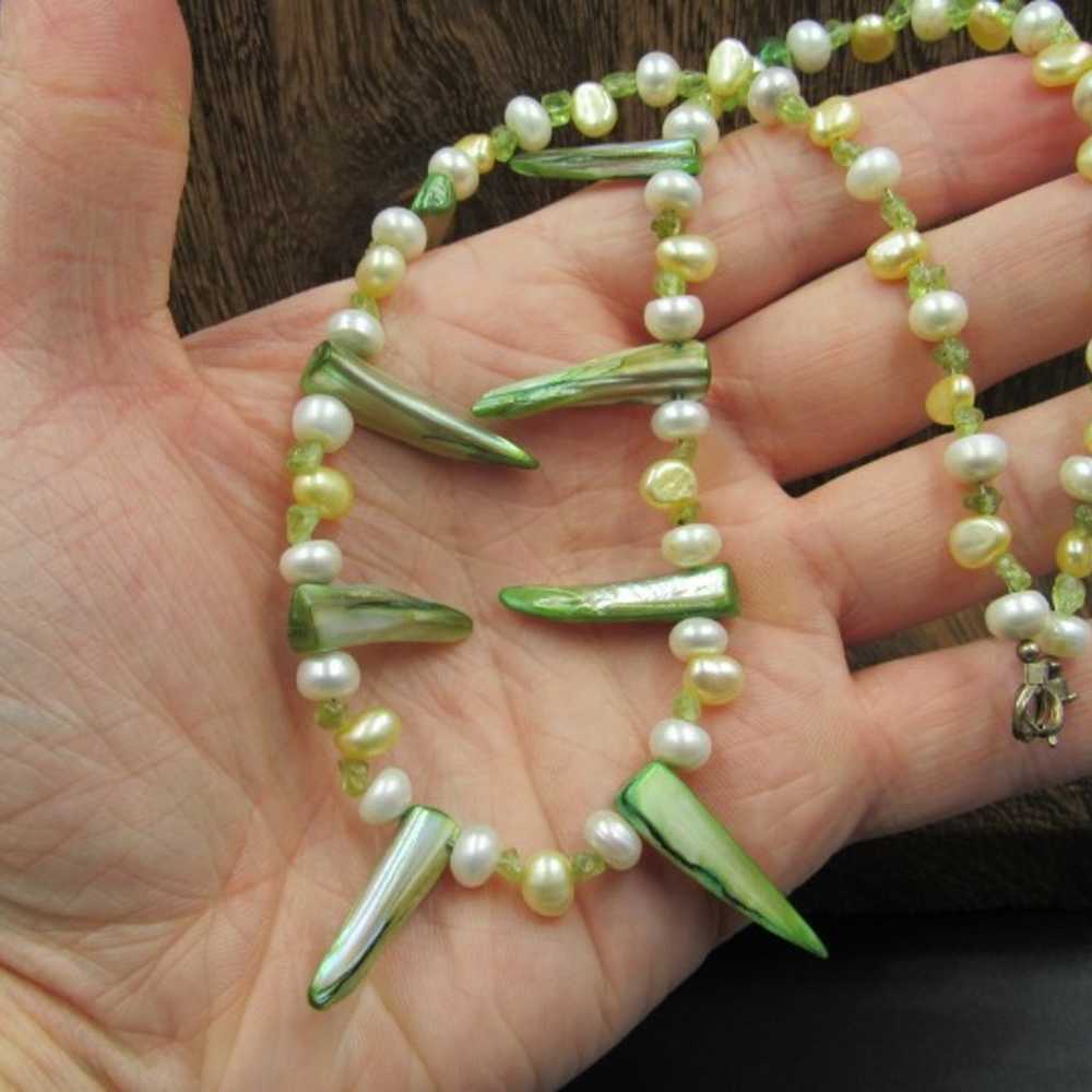 18" Sterling Silver Real Pearl & Green Shell Neck… - image 2