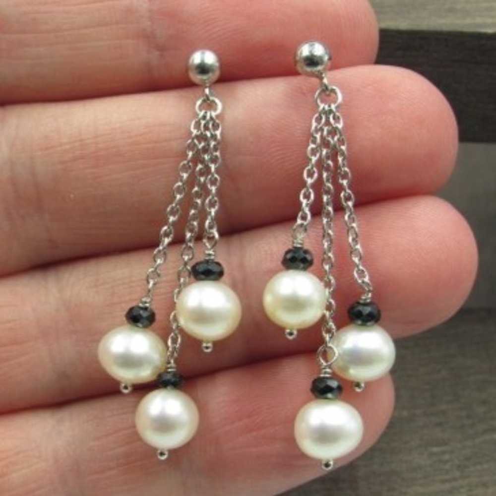 Sterling Genuine Hanging Pearl Earrings - image 1