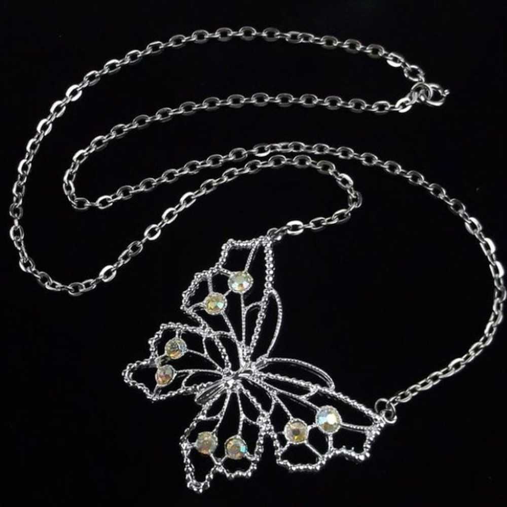 Vintage 1960s Rhinestone Butterfly Necklace 22" - image 1