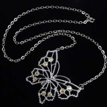 Vintage 1960s Rhinestone Butterfly Necklace 22" - image 1