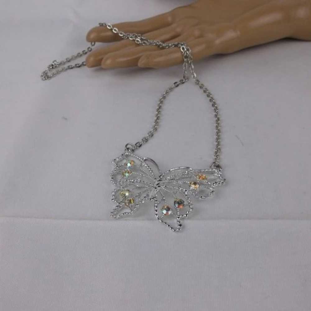 Vintage 1960s Rhinestone Butterfly Necklace 22" - image 2