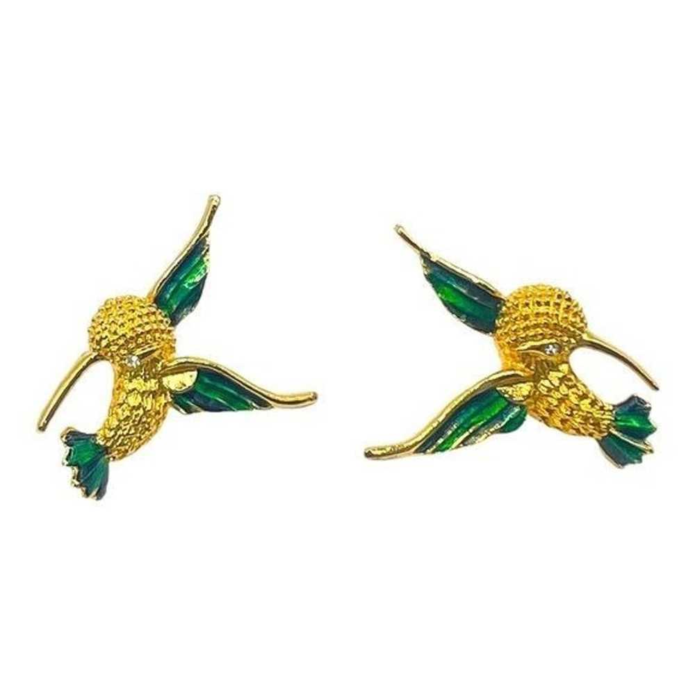 Vintage 1980s Gold Tone Hummingbird Earrings Blue… - image 2