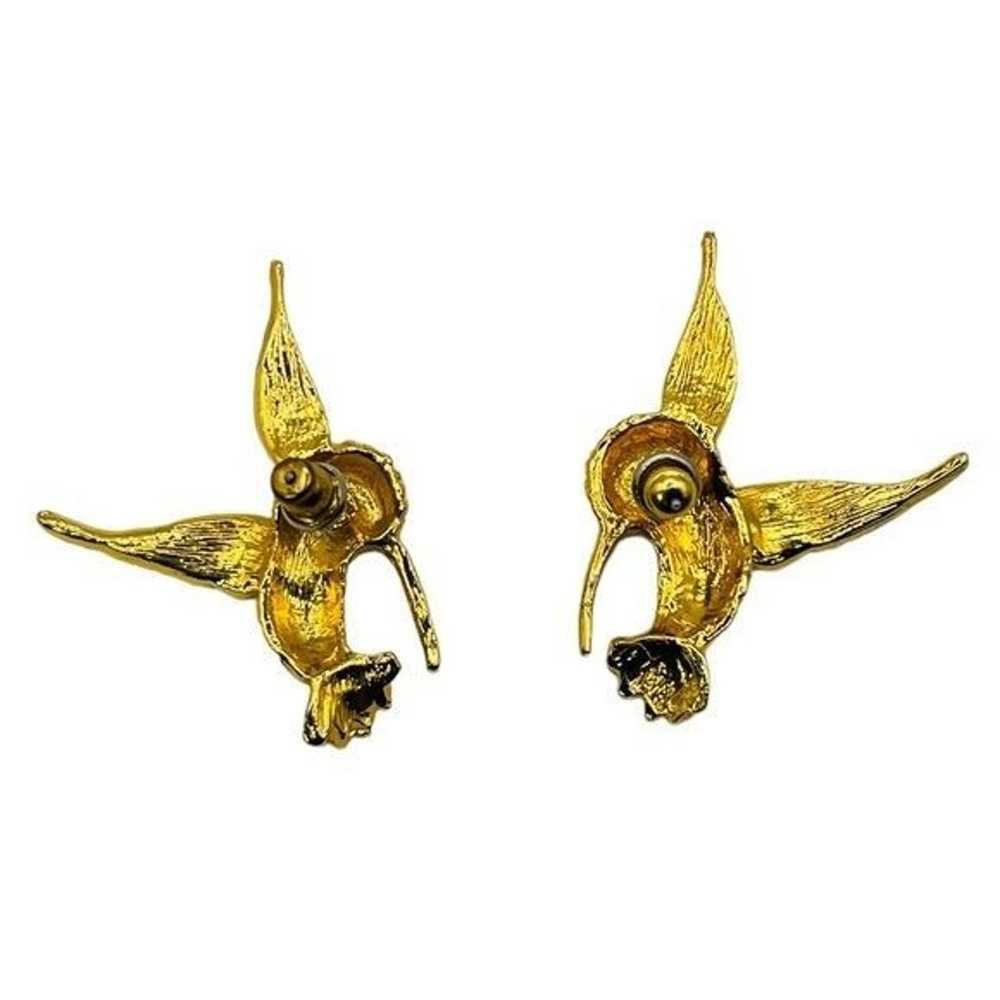 Vintage 1980s Gold Tone Hummingbird Earrings Blue… - image 3