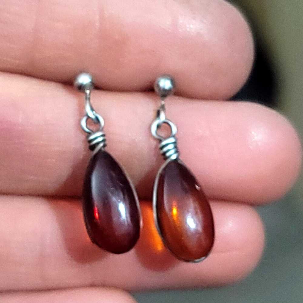 Amber Teardrop Sterling Silver Stud Earrings - image 1