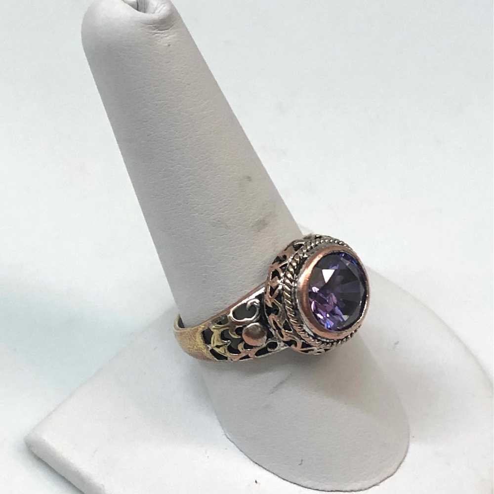 Vintage Purple Glass Crystal Mixed Metal Ring - image 2