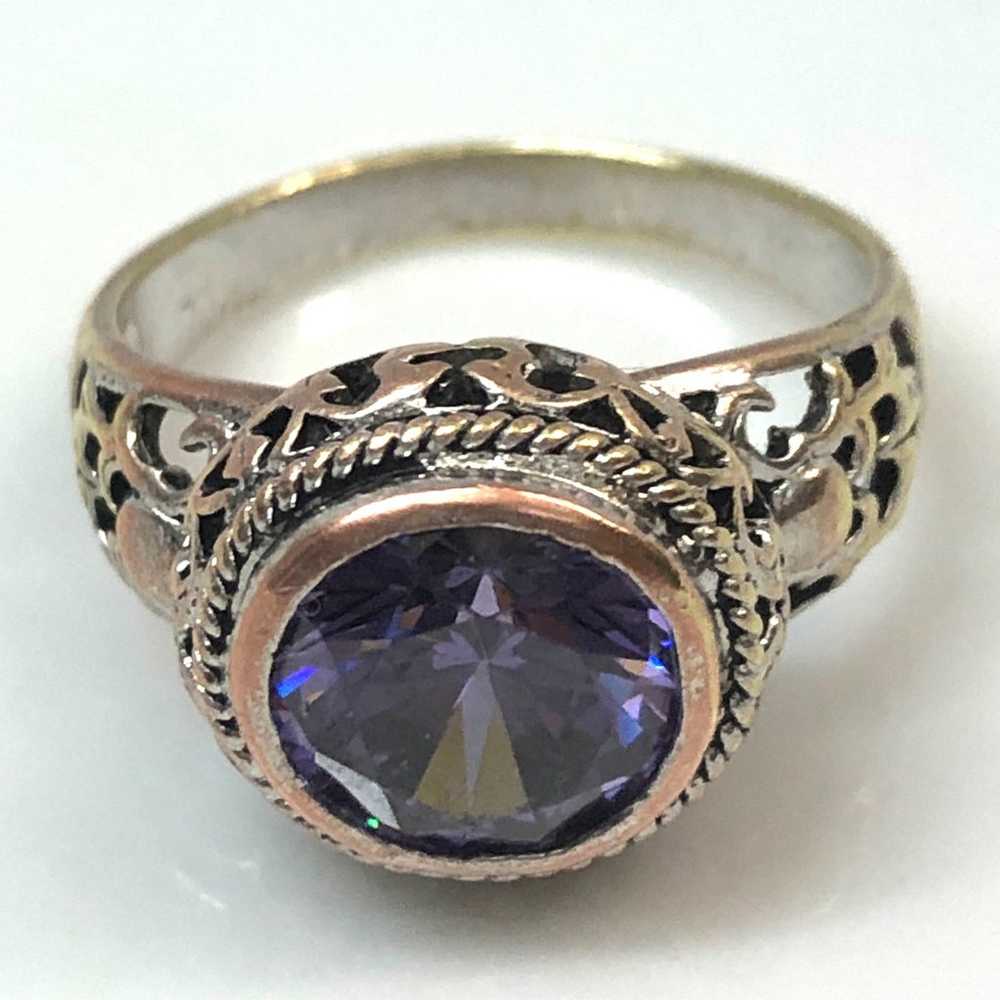 Vintage Purple Glass Crystal Mixed Metal Ring - image 4