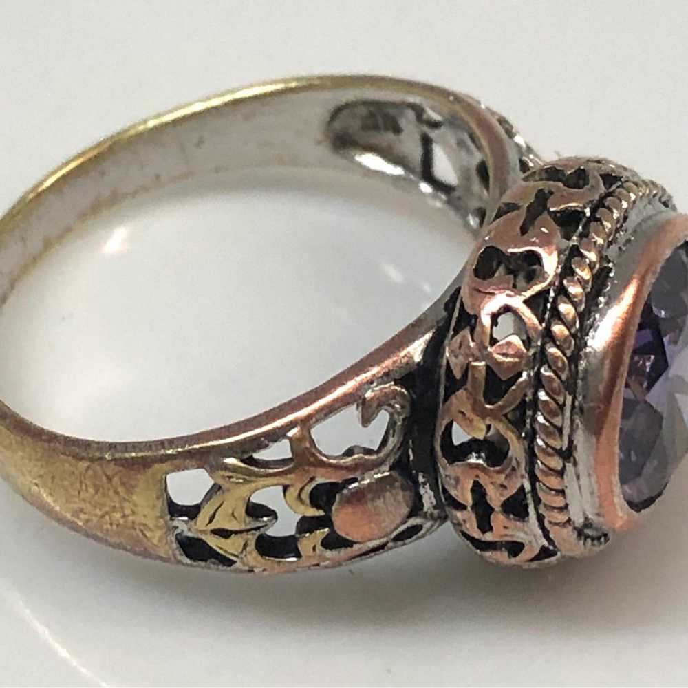 Vintage Purple Glass Crystal Mixed Metal Ring - image 5