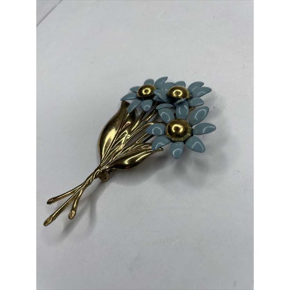 vintage brooch Blue Metal 3D flower bloom with go… - image 11