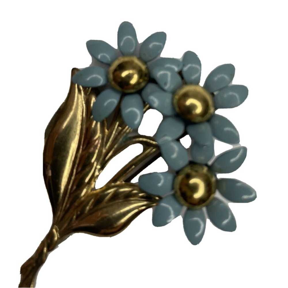 vintage brooch Blue Metal 3D flower bloom with go… - image 1