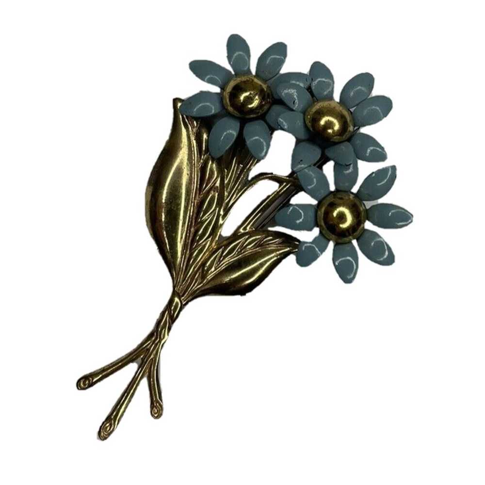 vintage brooch Blue Metal 3D flower bloom with go… - image 2