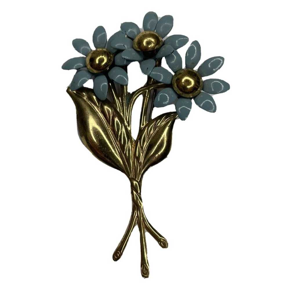 vintage brooch Blue Metal 3D flower bloom with go… - image 3