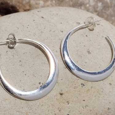 Vintage Sterling Silver Crescent Moon Hoop Earrin… - image 1