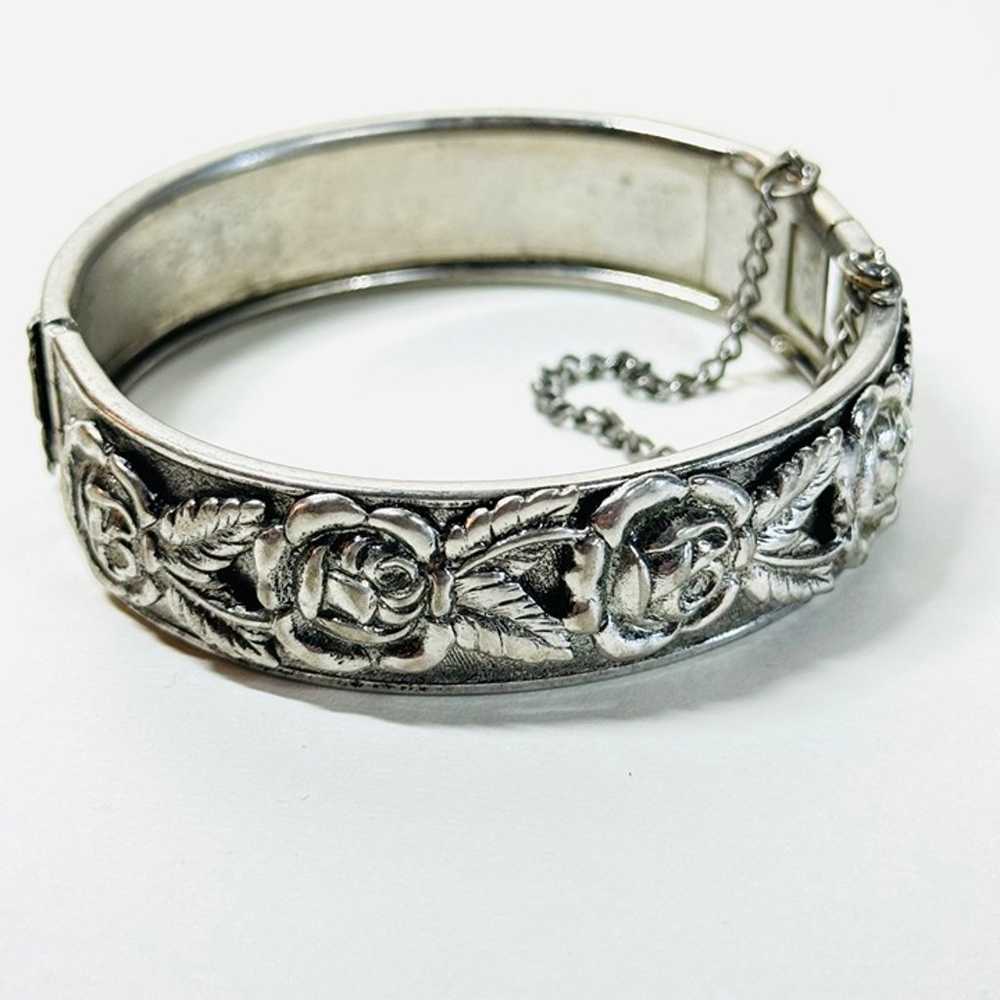 Vintage Victorian style Hinged Silver-tone Bangle… - image 1