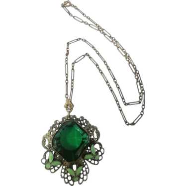 Stunning Art Deco Czech Glass Enamel Pendant Neck… - image 1