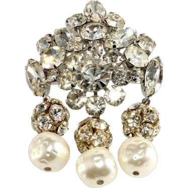 Vintage Brooch Clear Rhinestones Balls Faux Pearl… - image 1