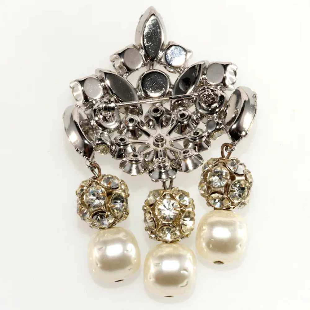 Vintage Brooch Clear Rhinestones Balls Faux Pearl… - image 2