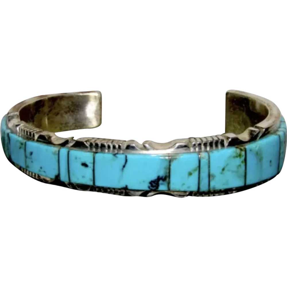 Navajo Turquoise Inlay Cuff Bracelet Sterling Ste… - image 1