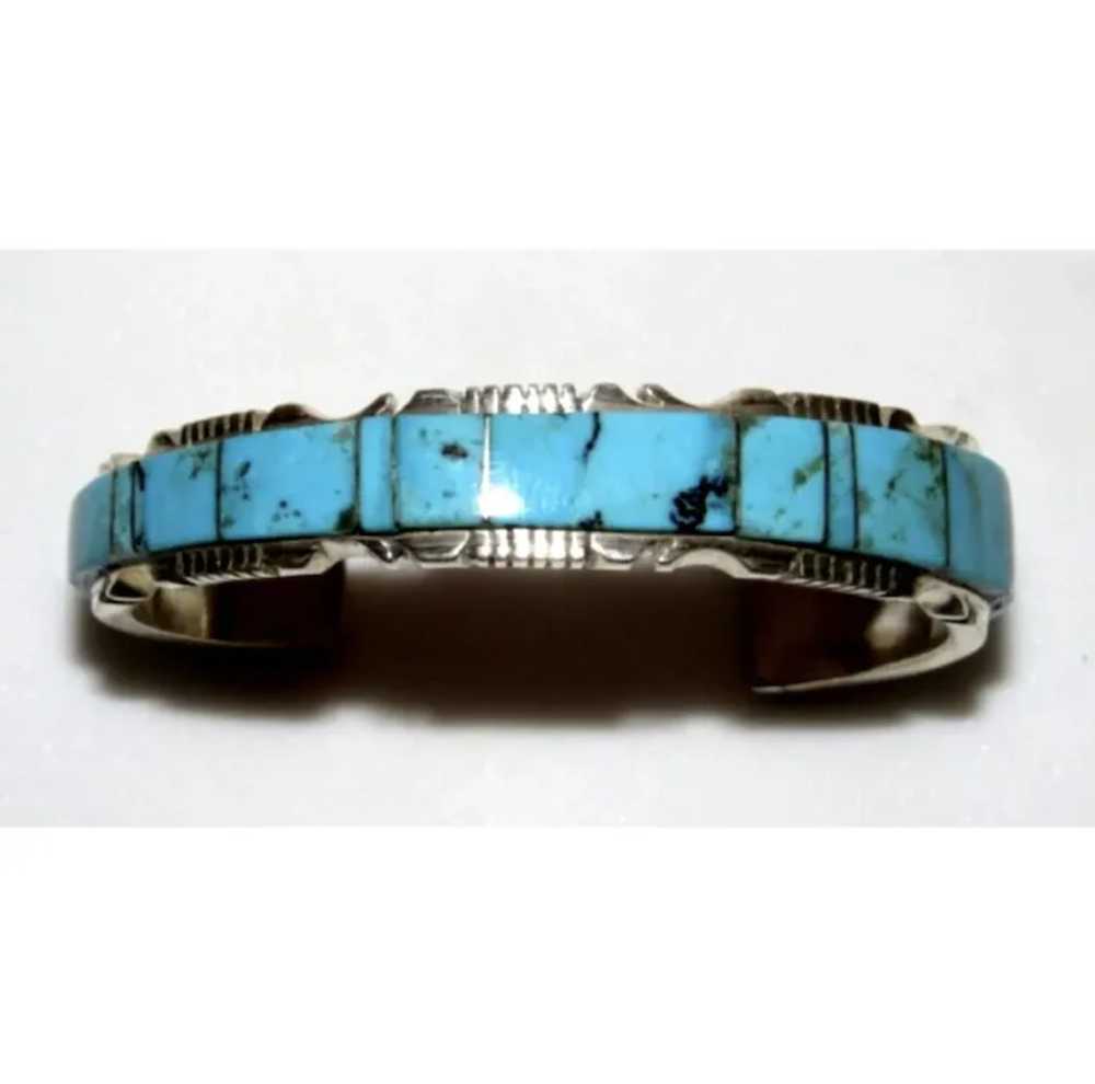 Navajo Turquoise Inlay Cuff Bracelet Sterling Ste… - image 2