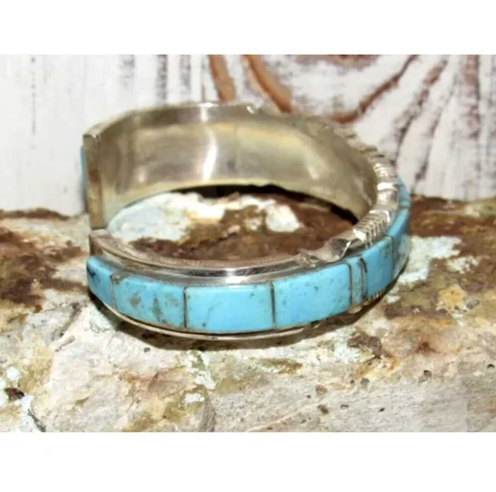 Navajo Turquoise Inlay Cuff Bracelet Sterling Ste… - image 5