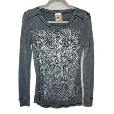 Vocal Women's Gray Crystal Y2K Cross Graphic Long… - image 1