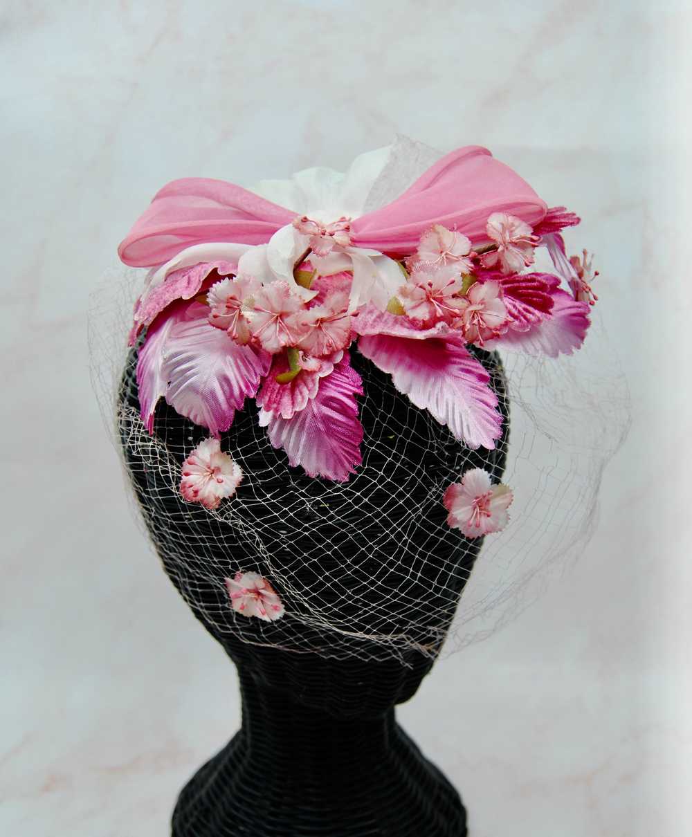 1950s 1960s Vintage Mr. John Pink Floral Headpiec… - image 1