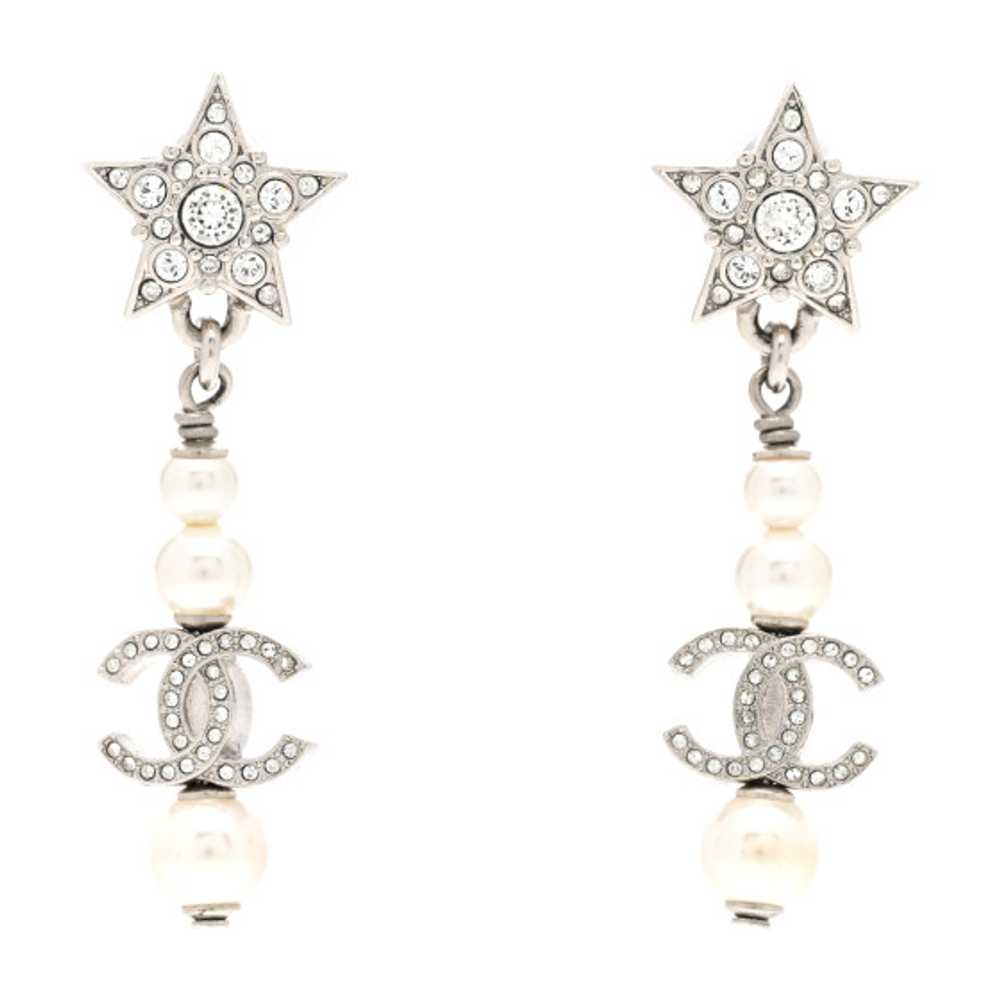 CHANEL Crystal Pearl CC Star Drop Earrings Silver - image 1