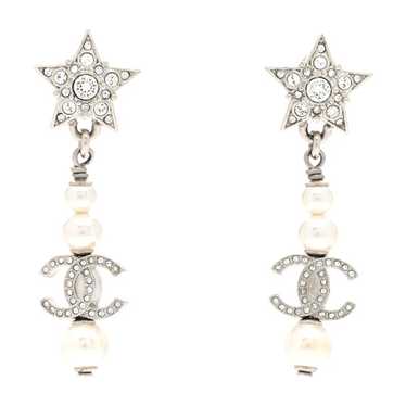 CHANEL Crystal Pearl CC Star Drop Earrings Silver - image 1