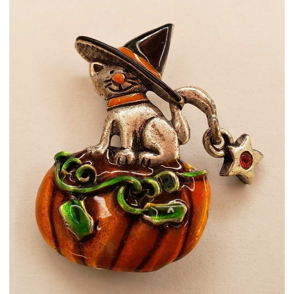 Vintage AJMC Cat Witch Hat Pumpkin Brooch Pin Hal… - image 2