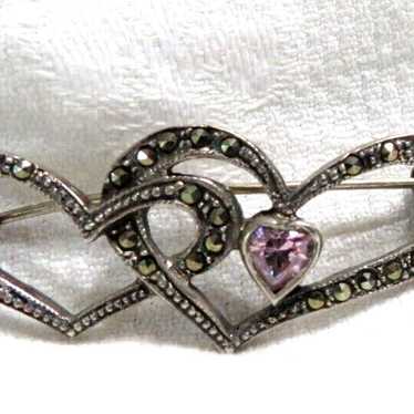 Vintage Sterling Silver Marcasite Double Heart Pi… - image 1