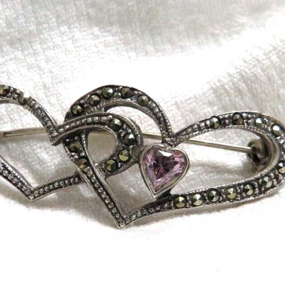 Vintage Sterling Silver Marcasite Double Heart Pi… - image 2