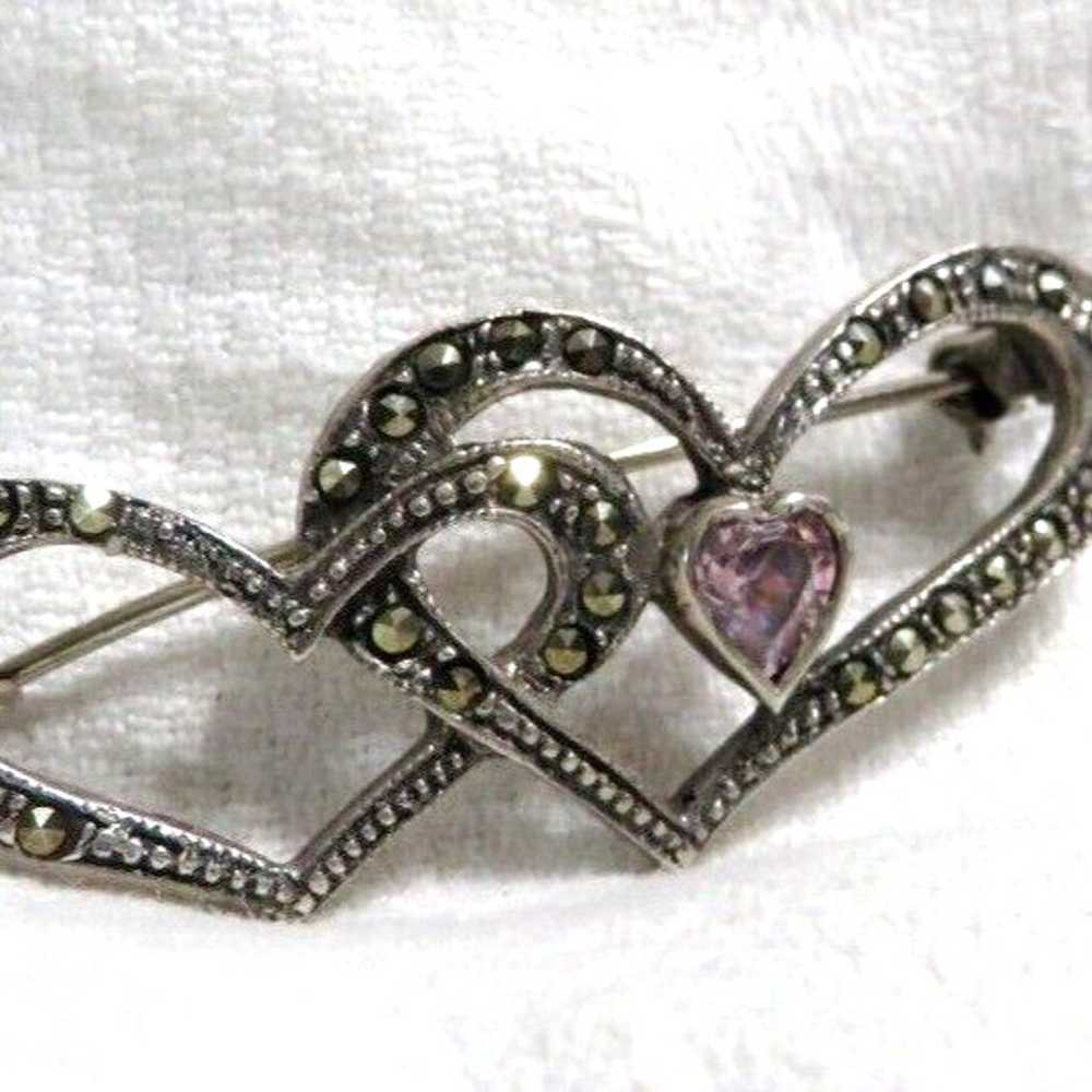 Vintage Sterling Silver Marcasite Double Heart Pi… - image 3