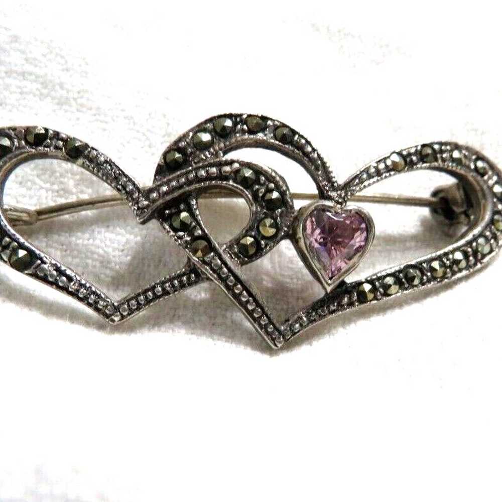 Vintage Sterling Silver Marcasite Double Heart Pi… - image 4