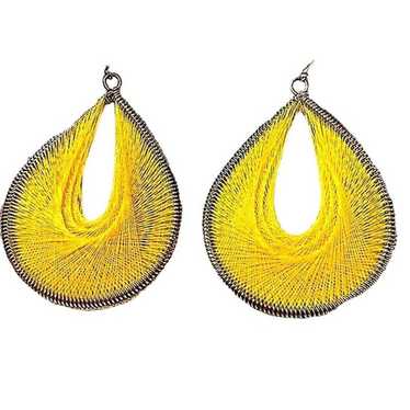 HUGE Vintage String Art Weaved Earrings Yellow Ret