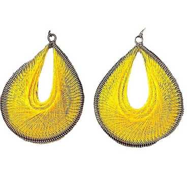 HUGE Vintage String Art Weaved Earrings Yellow Re… - image 1